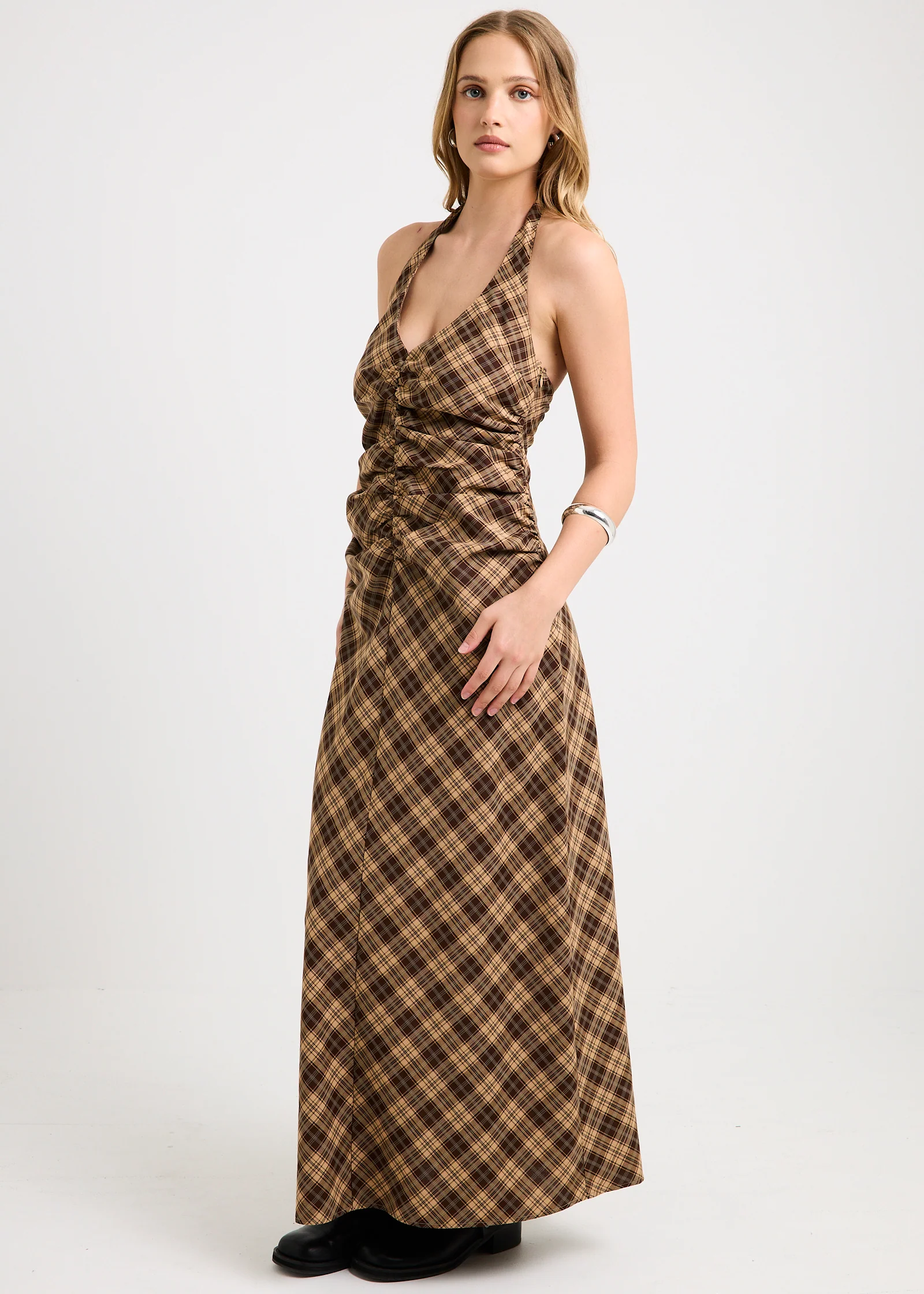 Kiera Ruched Check Halter Maxi Dress - Image 3
