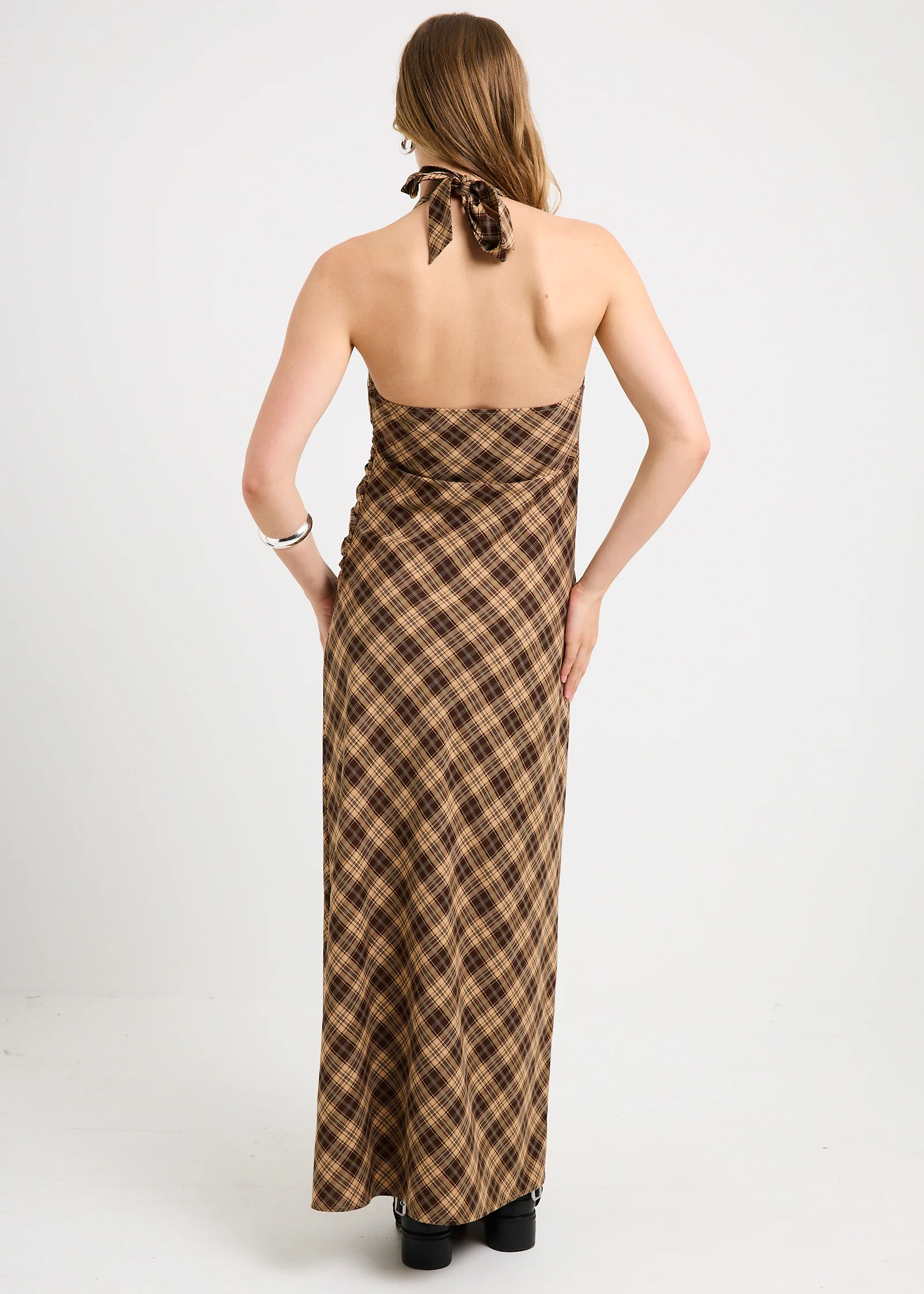 Kiera Ruched Check Halter Maxi Dress - Image 4