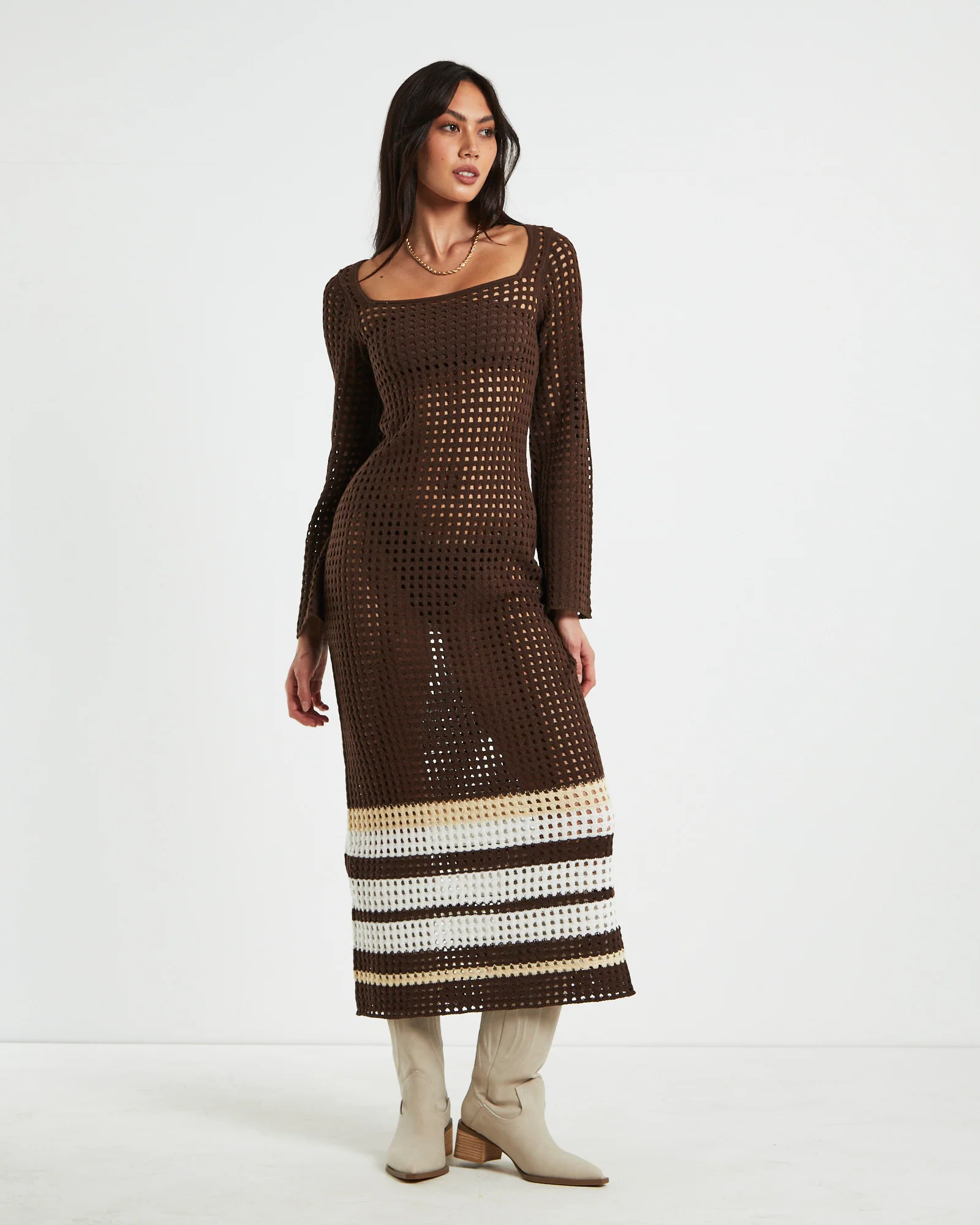 Kimmy Crochet Stripe Midi Dress Chocolate in Brown