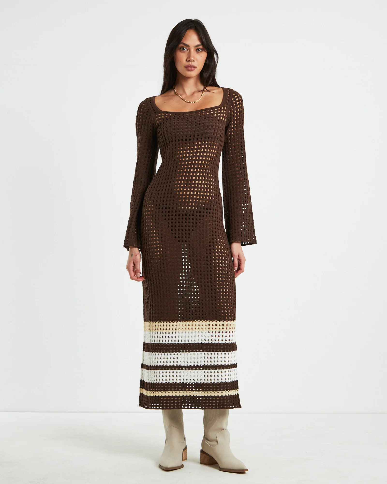 Kimmy Crochet Stripe Midi Dress Chocolate in Brown - Image 3
