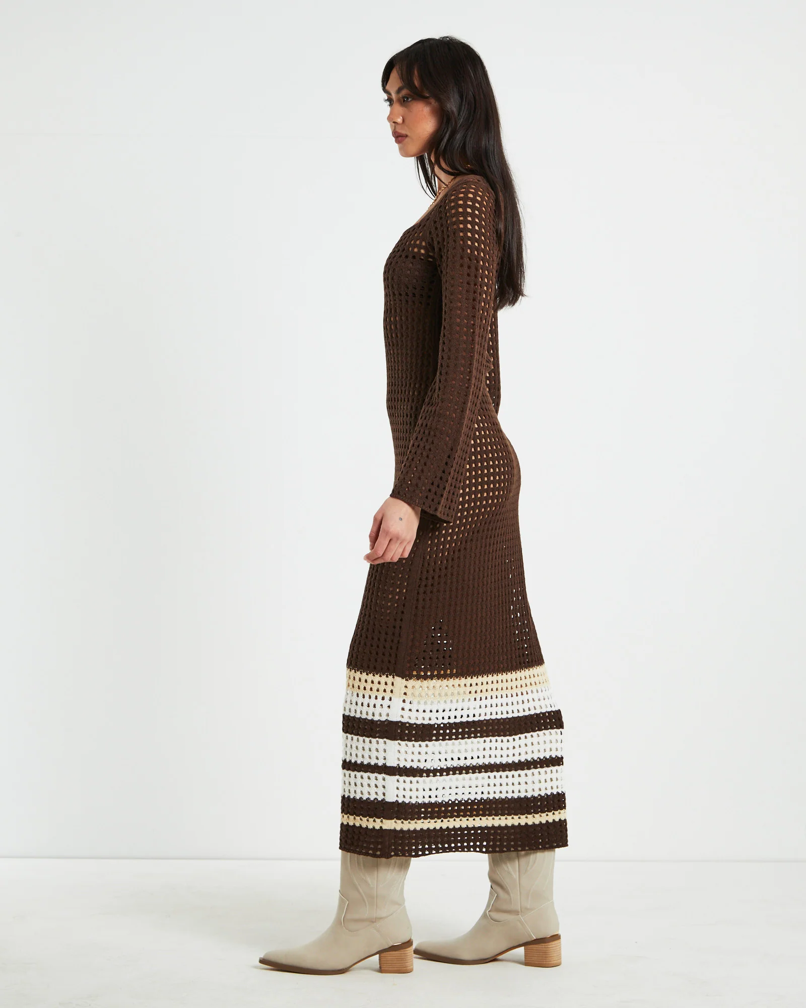 Kimmy Crochet Stripe Midi Dress Chocolate in Brown - Image 4