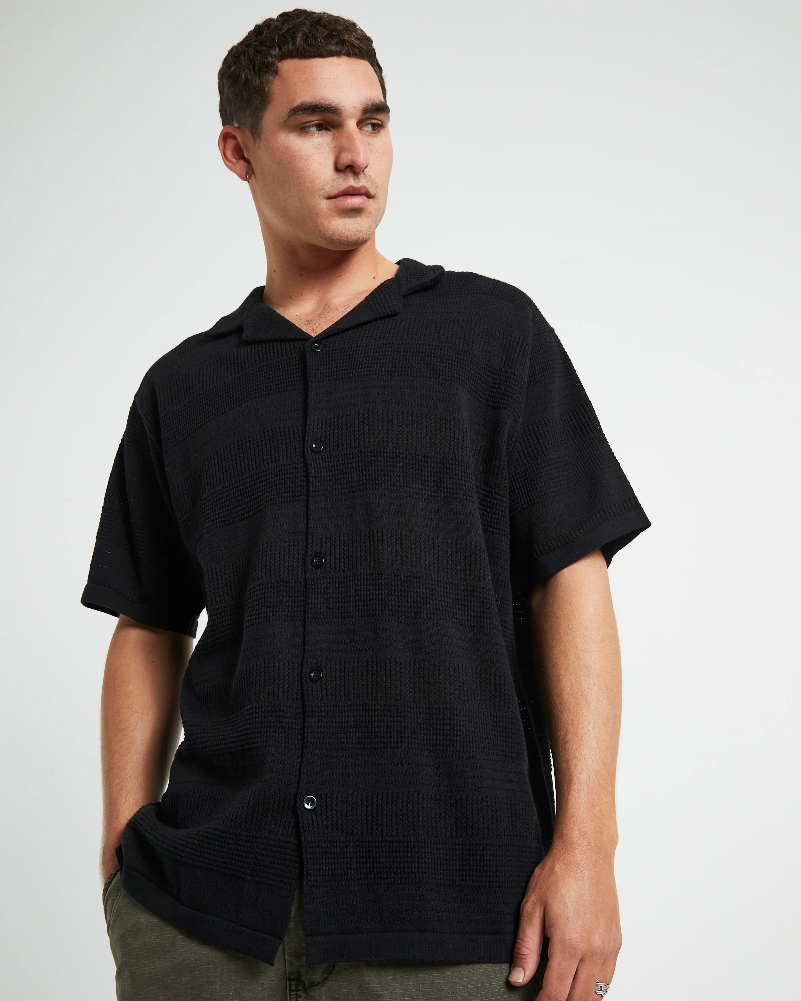 Knitted Short Sleeve Resort Shirt in Black - Image 5