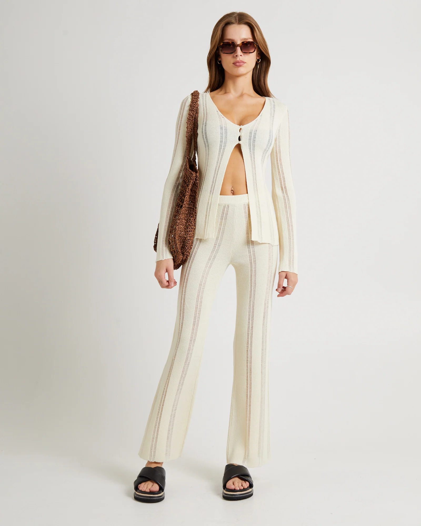Ladder Knit Button Long Sleeve Top