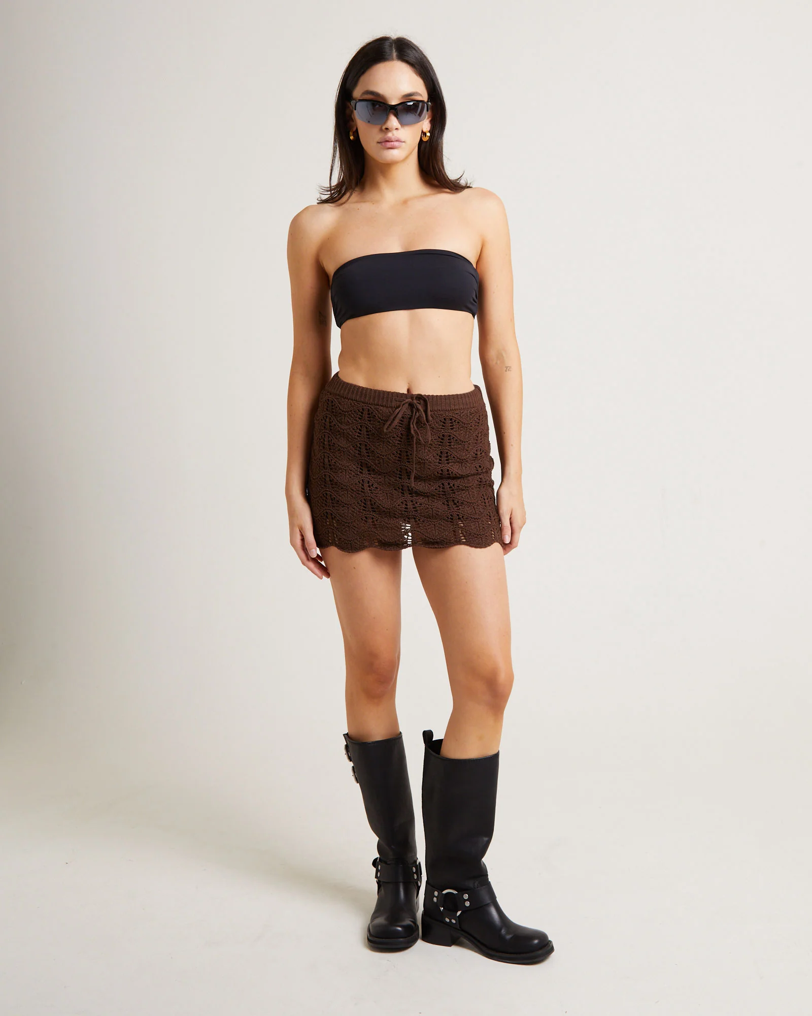 Lori Scallop Crochet Mini Skirt in Chocolate Brown