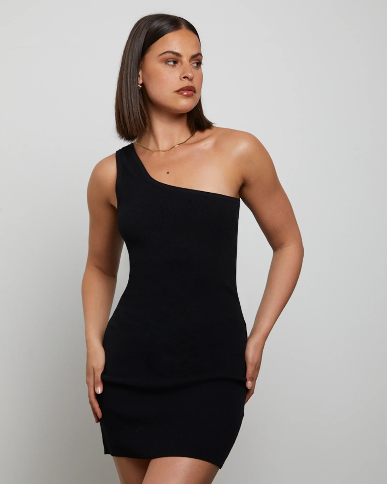 Luxe Knitted One Shoulder Mini Dress in Black - Image 6