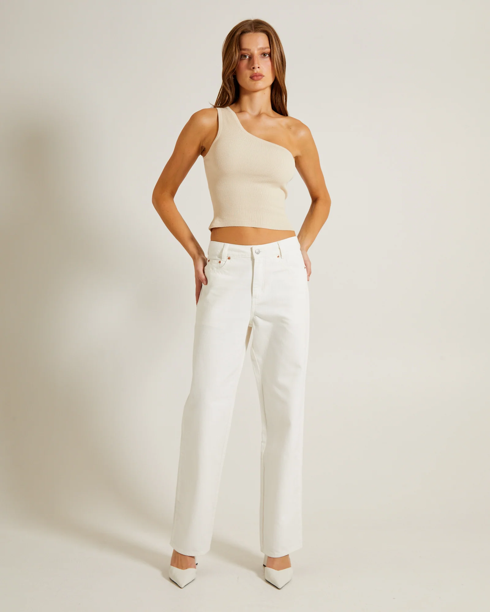 Luxe Knitted One Shoulder Top in Vintage Stone - Image 3