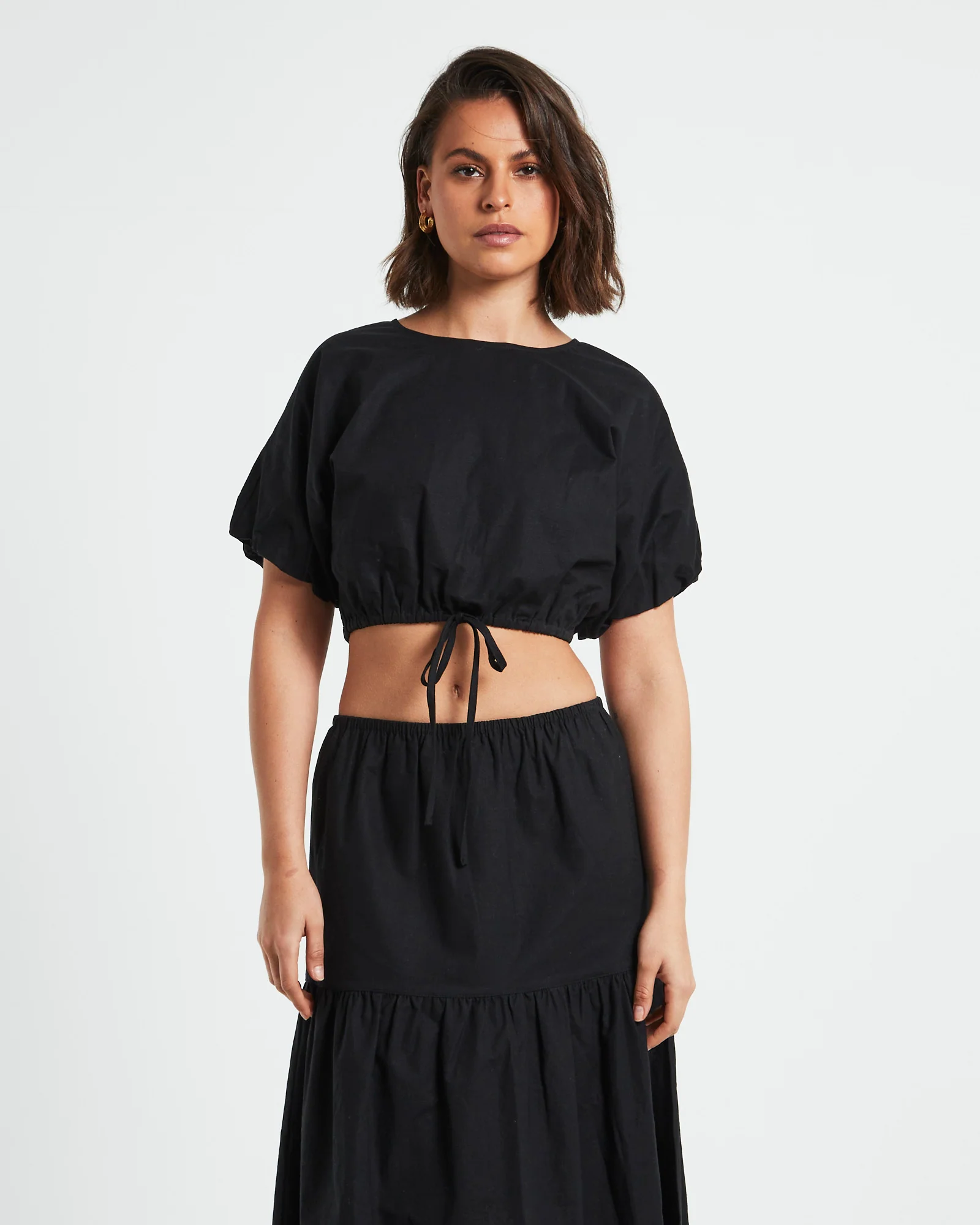 Melody Linen Puff Short Sleeve T-Shirt in Black