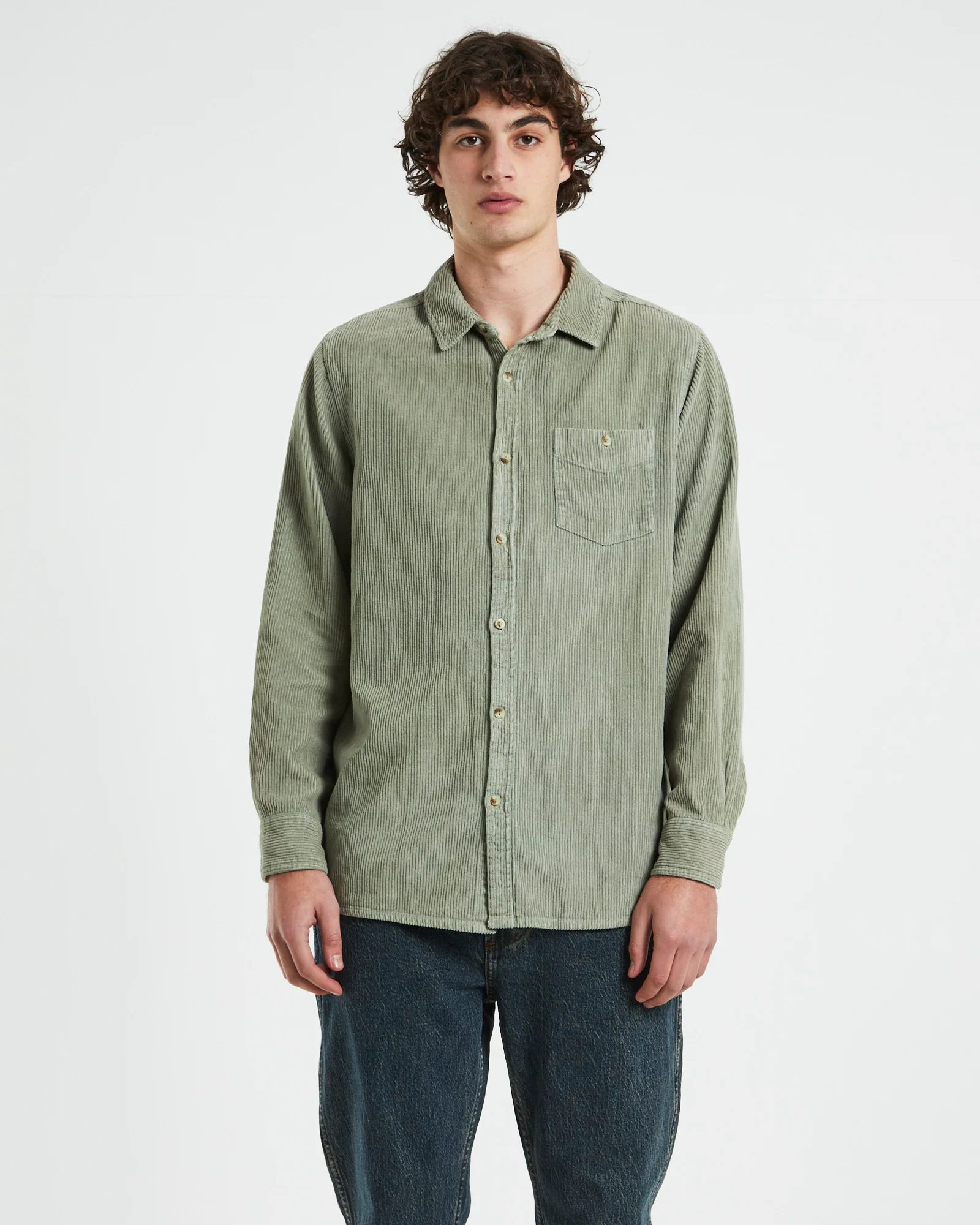 Men At Work Fat Cord Long Sleeve Shirt in Moss Green
