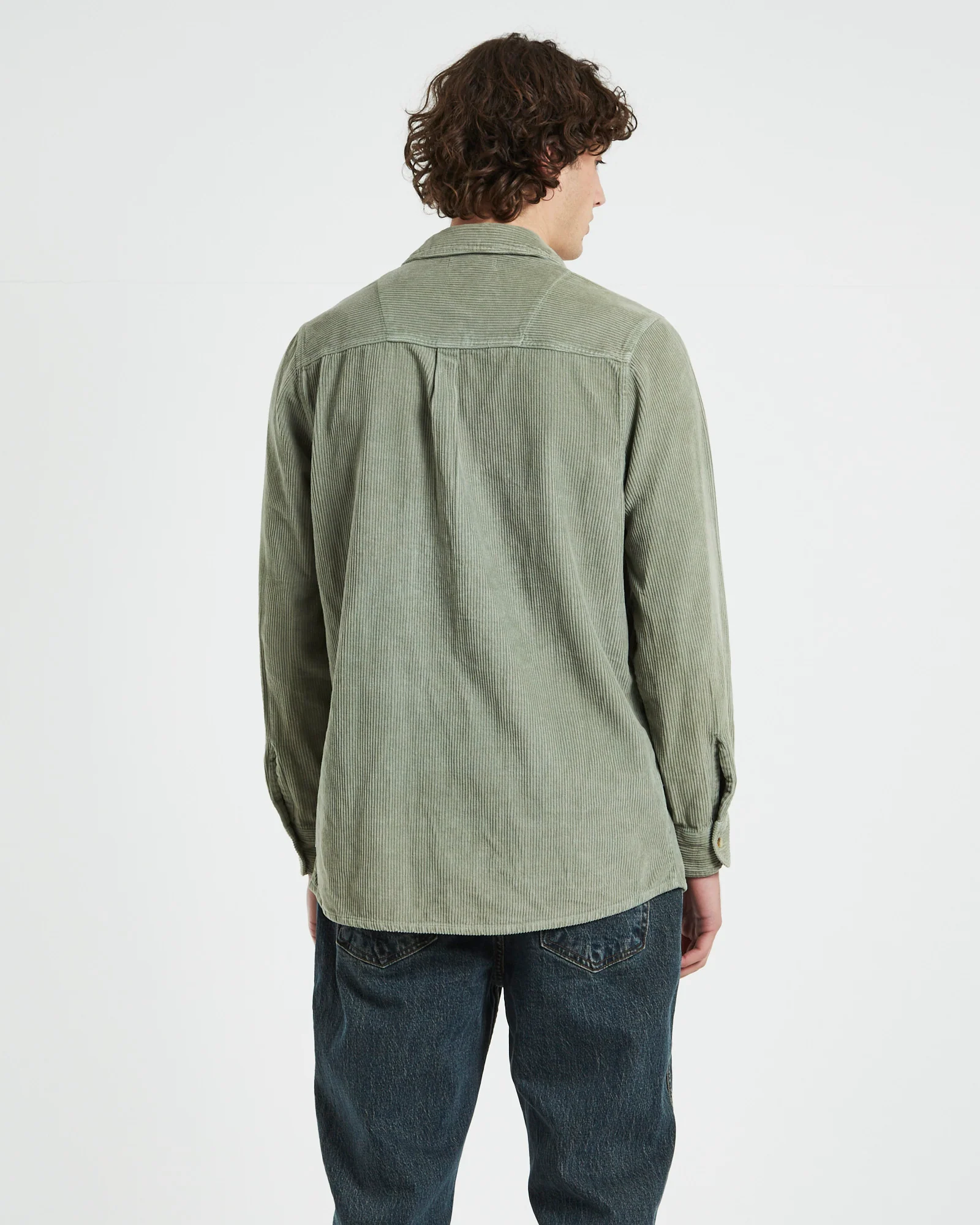 Men At Work Fat Cord Long Sleeve Shirt in Moss Green - Image 2