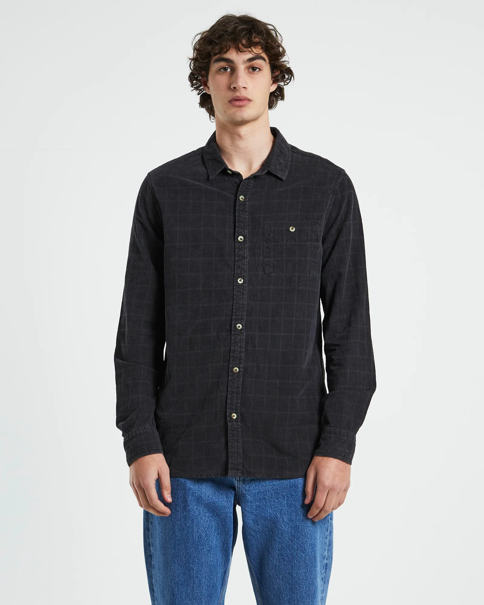 Men At Work Tile Cord Long Sleeve Shirt in Black