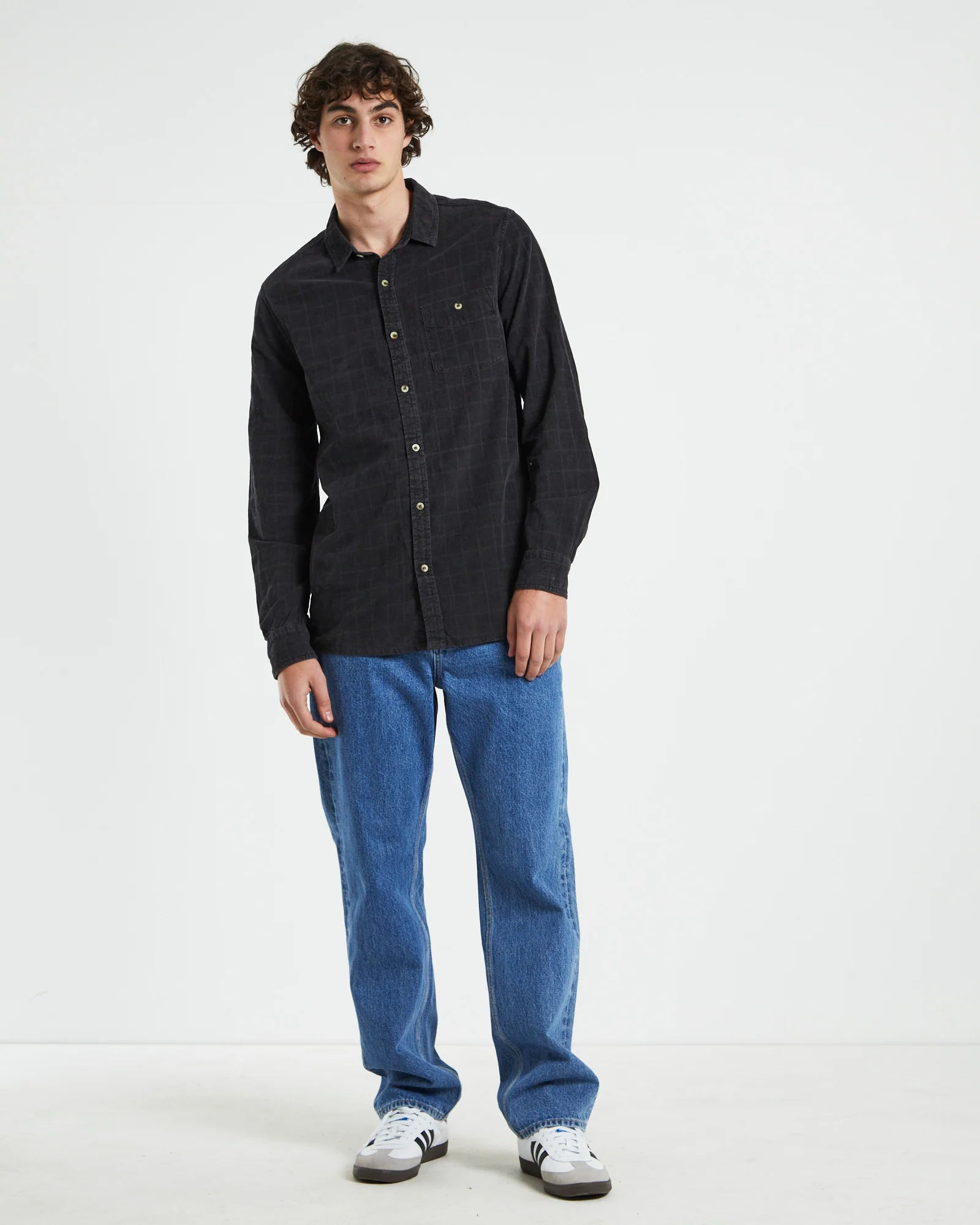 Men At Work Tile Cord Long Sleeve Shirt in Black - Image 3