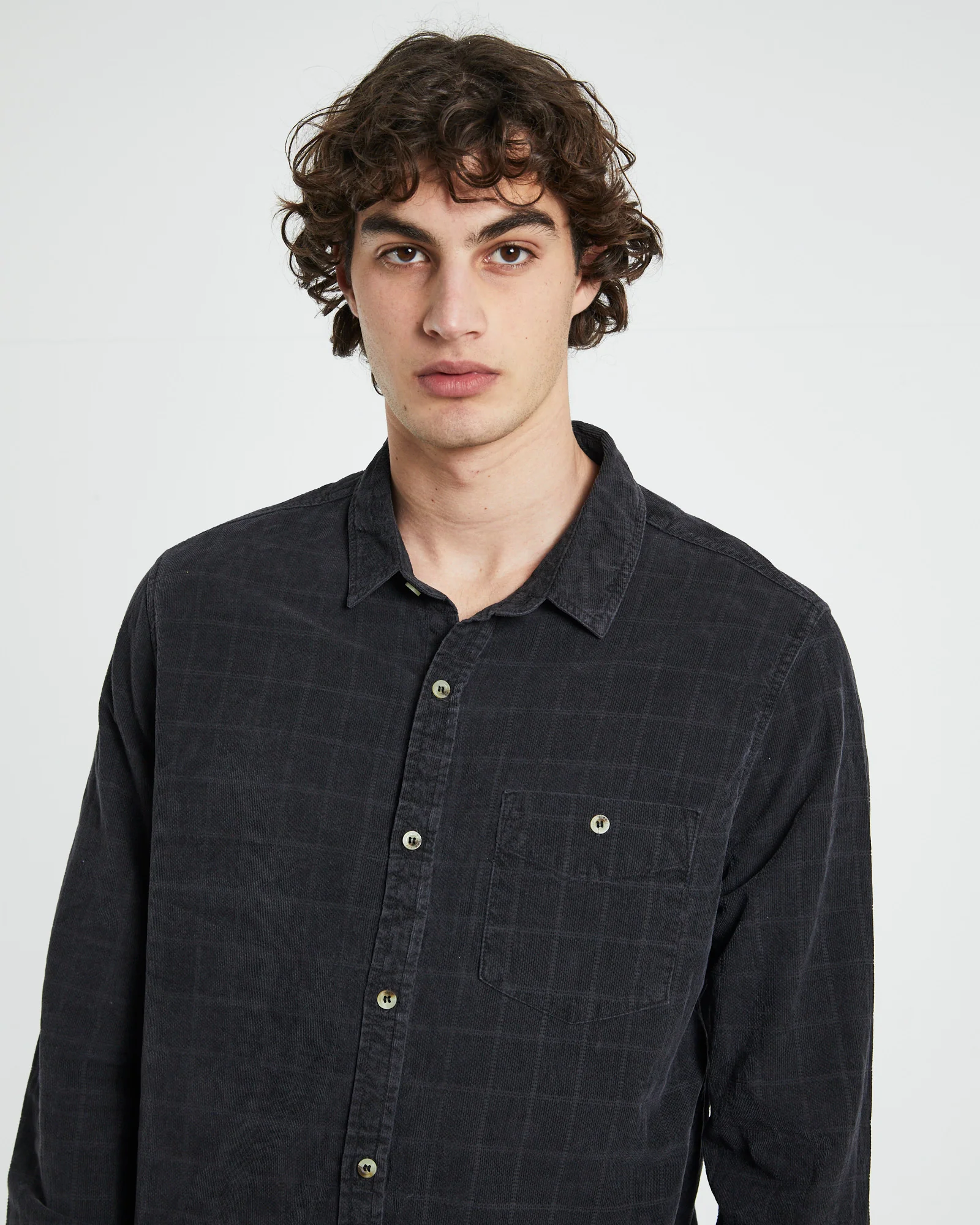 Men At Work Tile Cord Long Sleeve Shirt in Black - Image 5