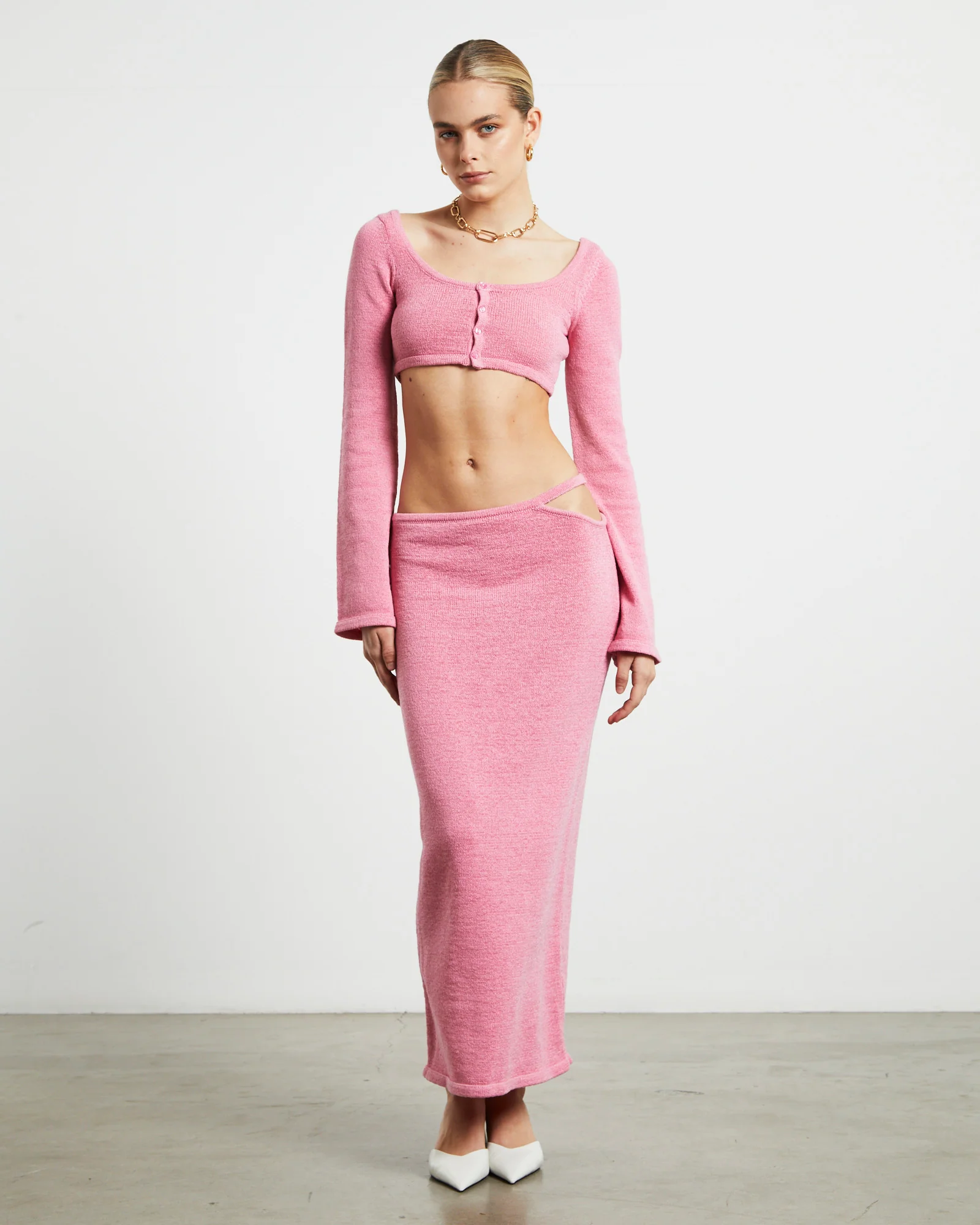 Mika Knit Strap Midi Skirt in Strawberry Pink - Image 3