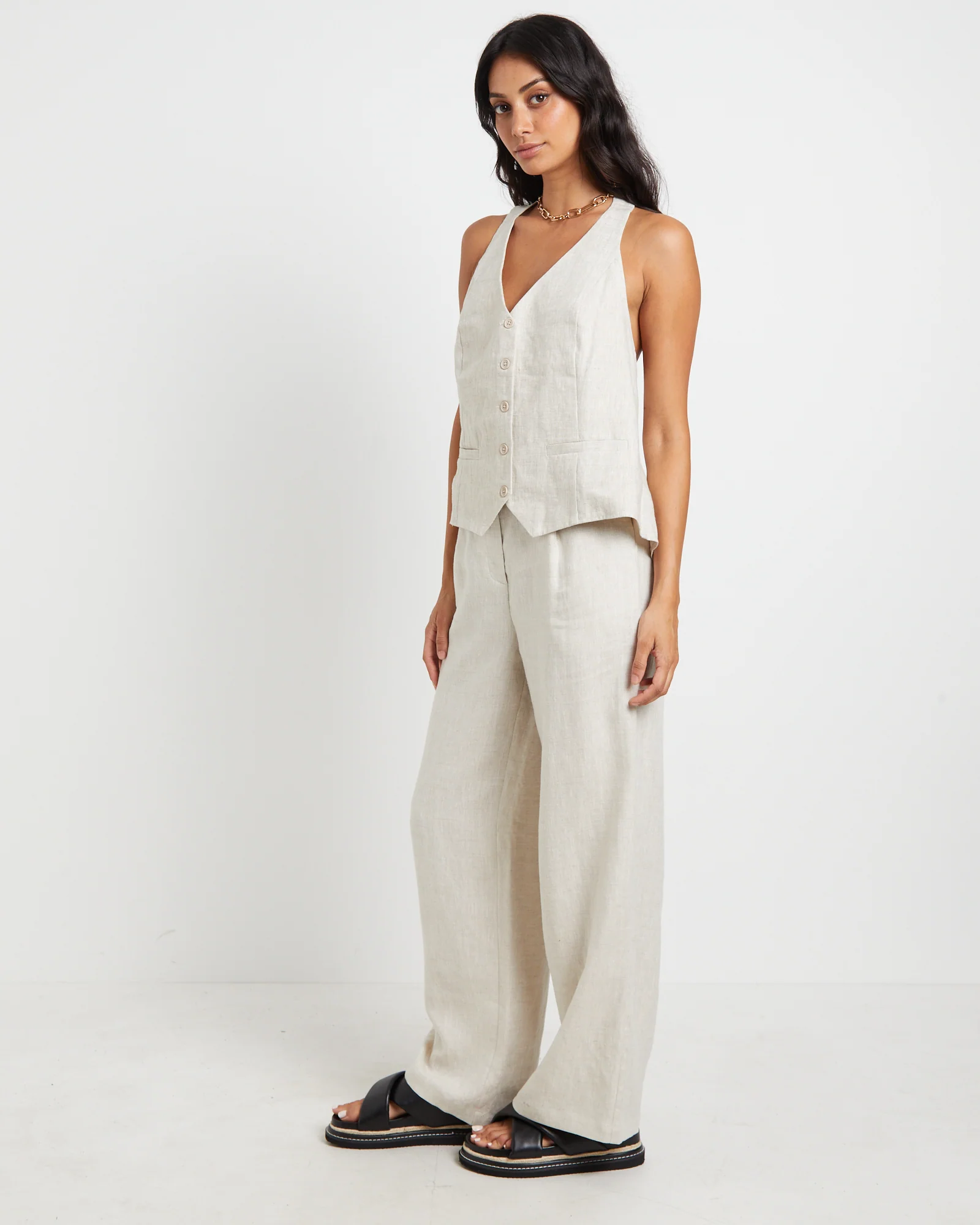 Naomi Linen Halter Vest in Oat Marle - Image 4