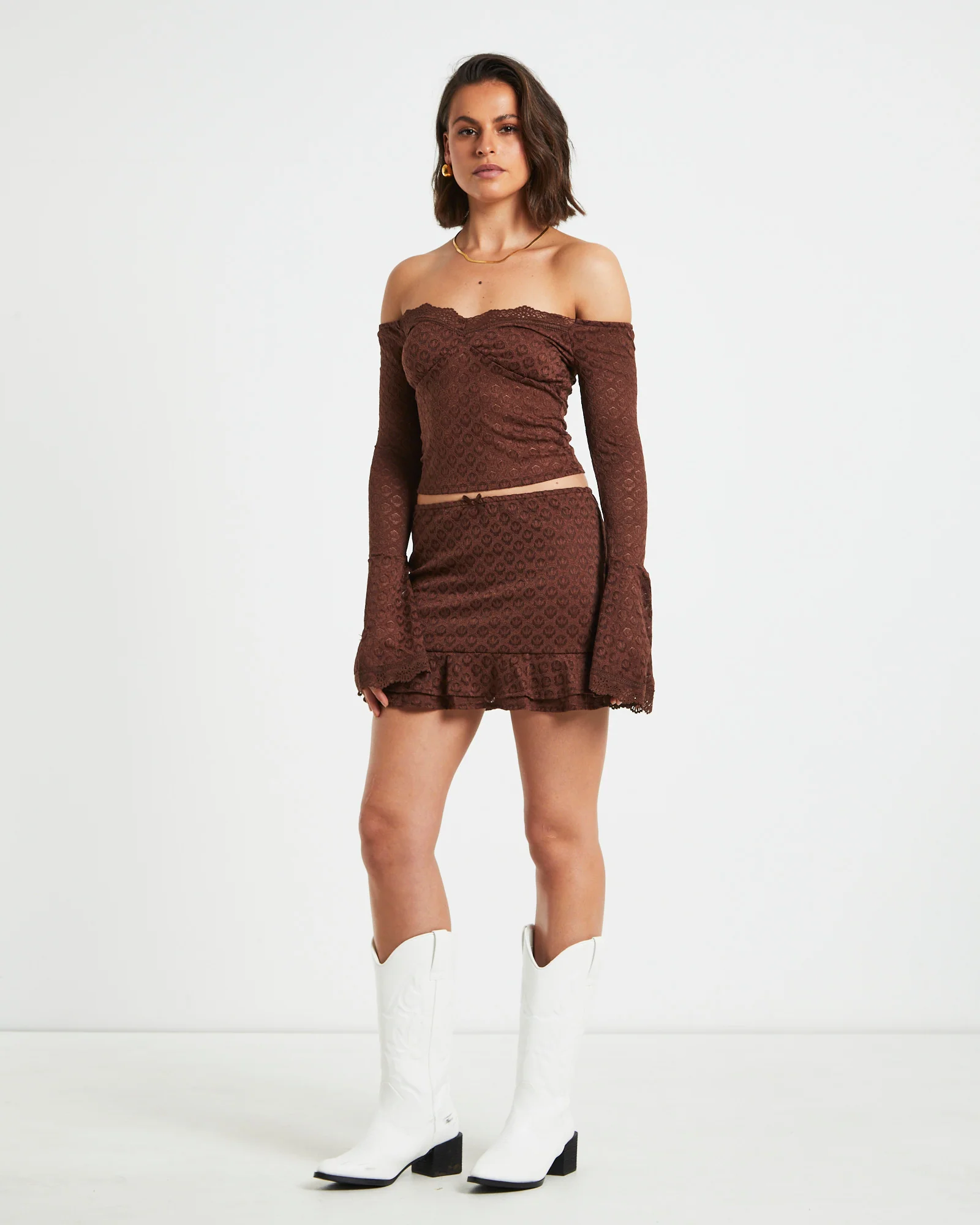 Nyra Lace Peplum Mini Skirt in Chocolate Brown - Image 4