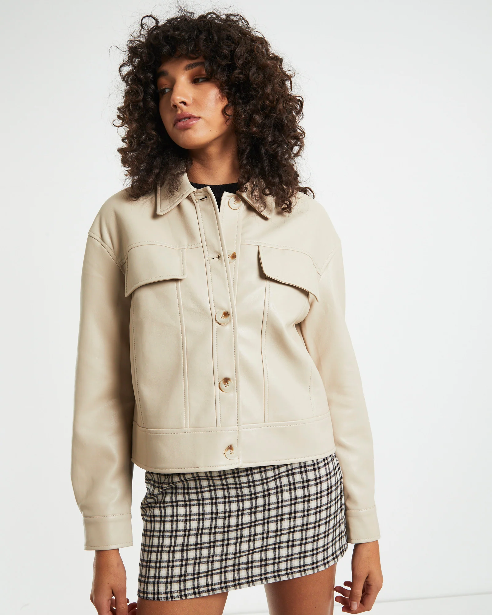 Olga Leather Look Jacket in Cream - Image 5