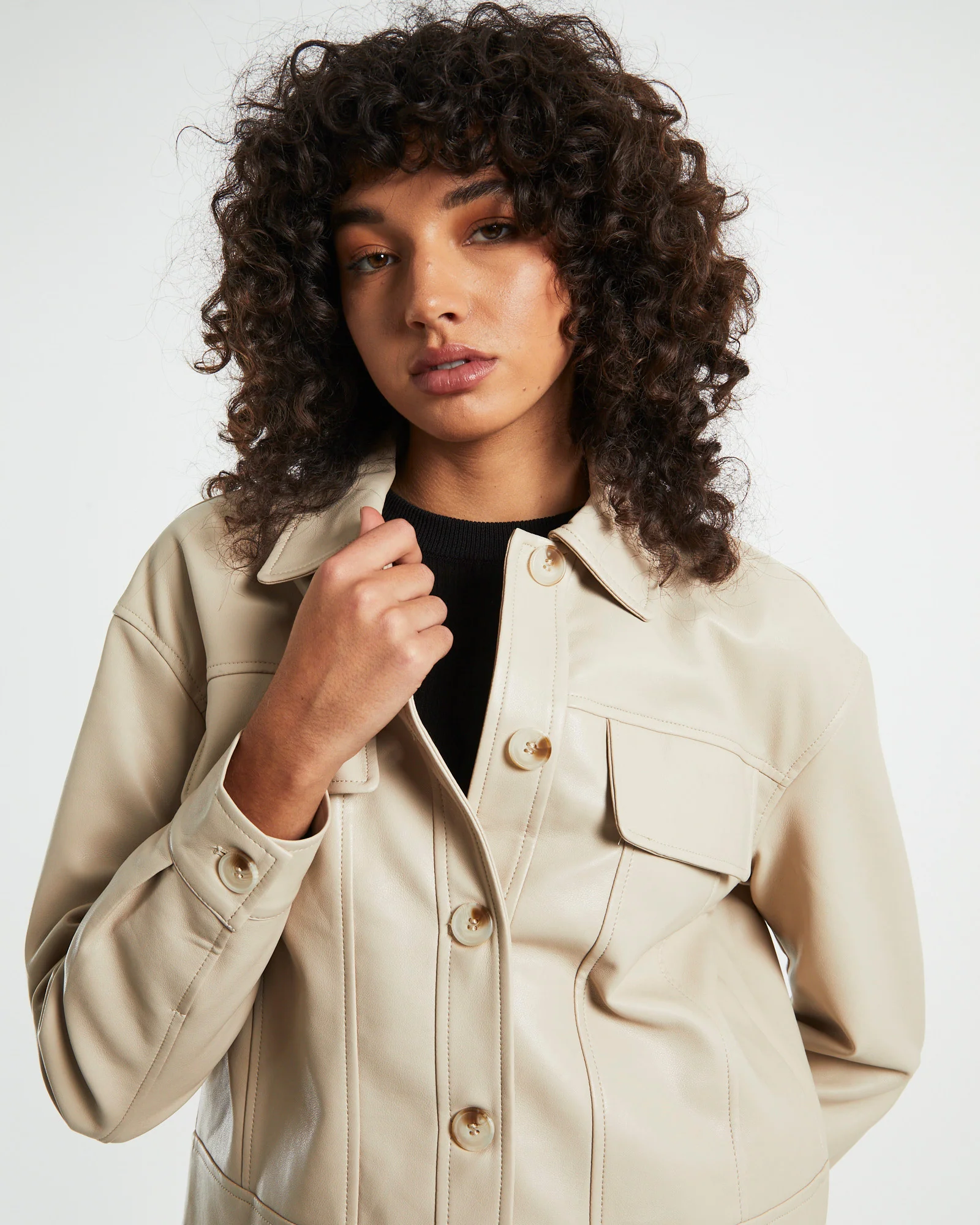 Olga Leather Look Jacket in Cream - Image 6