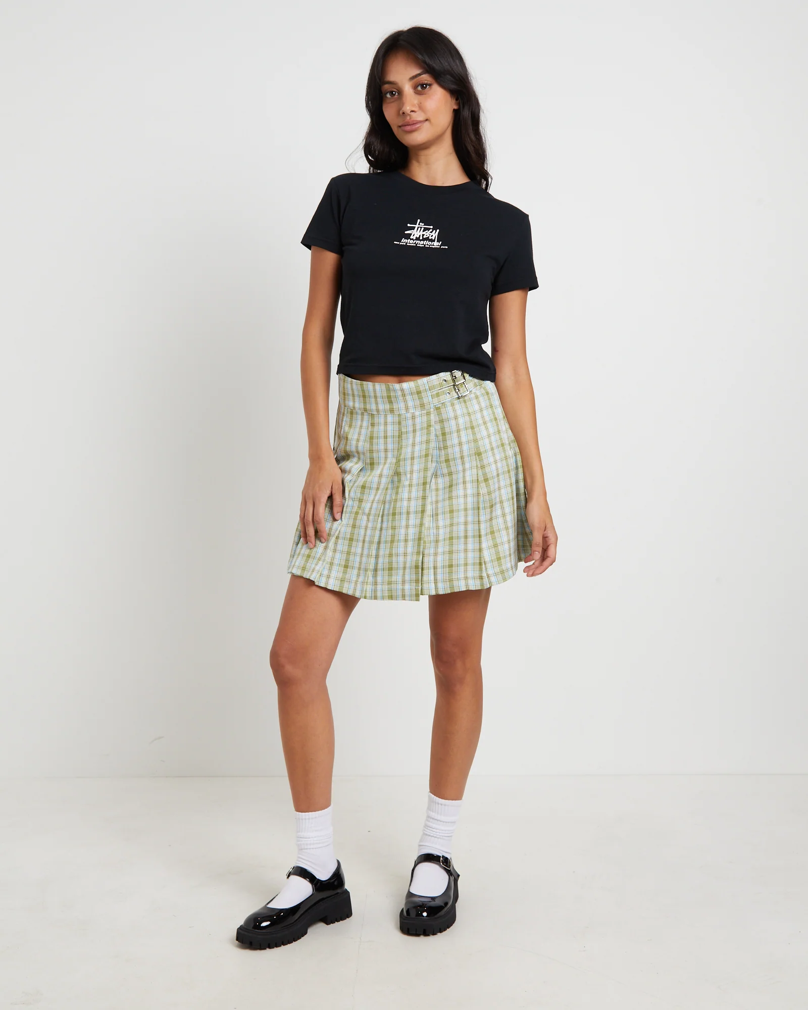 Plaid Pleated Skirt in Army Green - Image 3