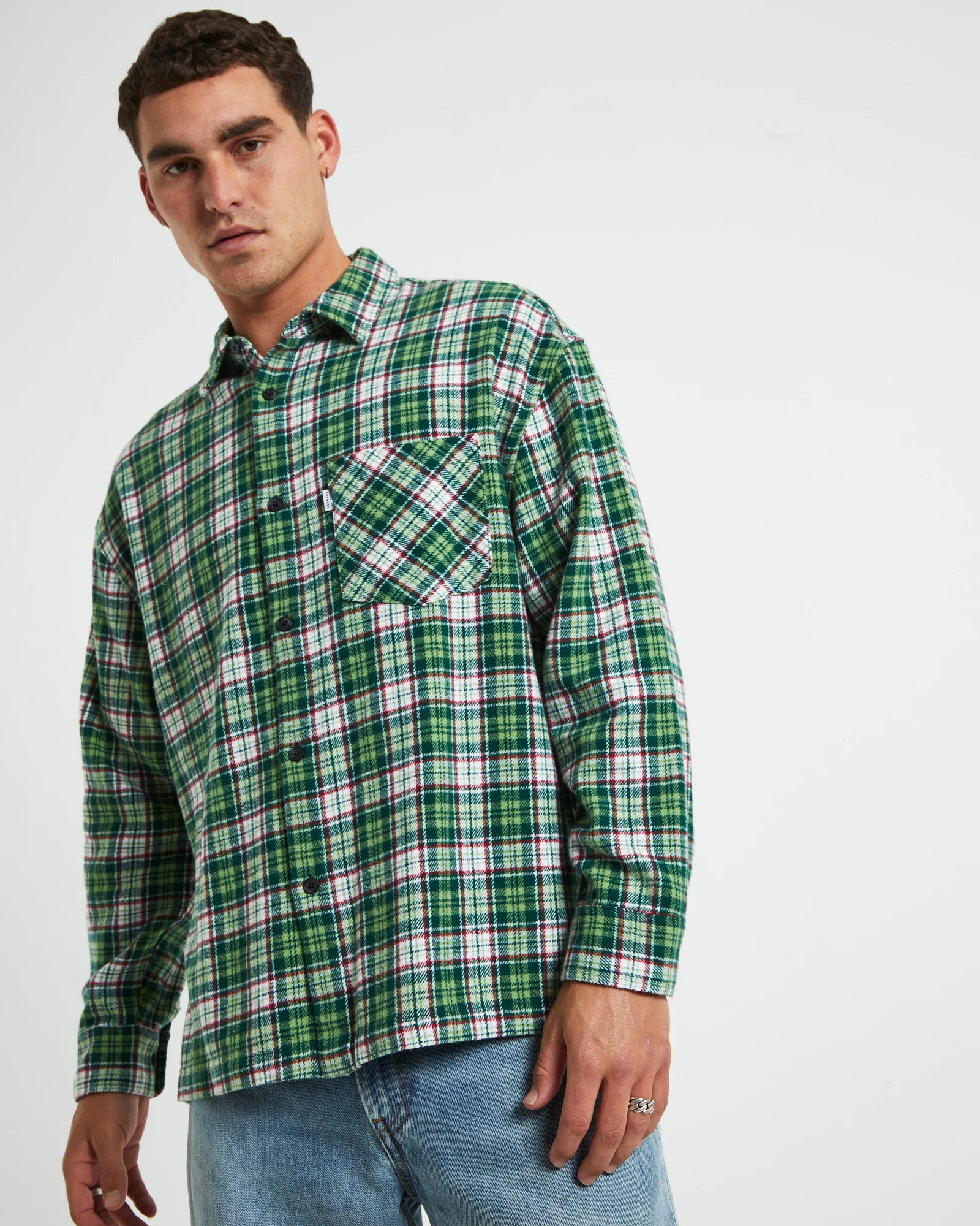 Portland Long Sleeve Flanno Shirt in Teal Green - Image 5
