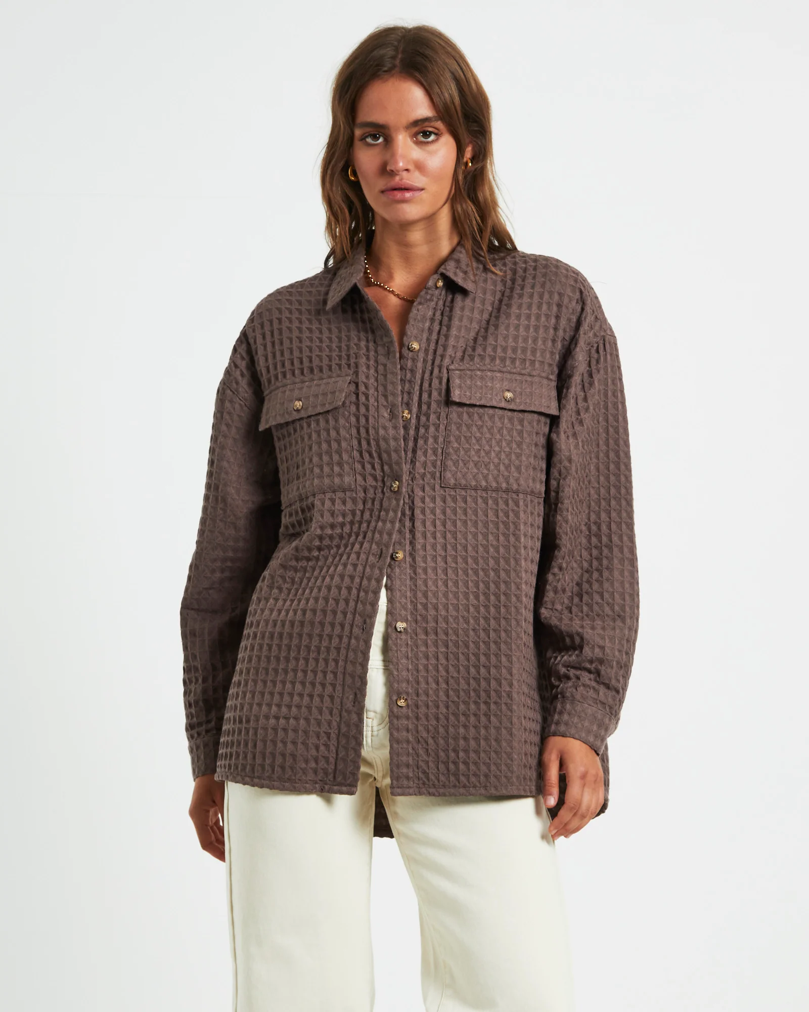Posey Oversized Waffle Shirt Mocha - Image 2