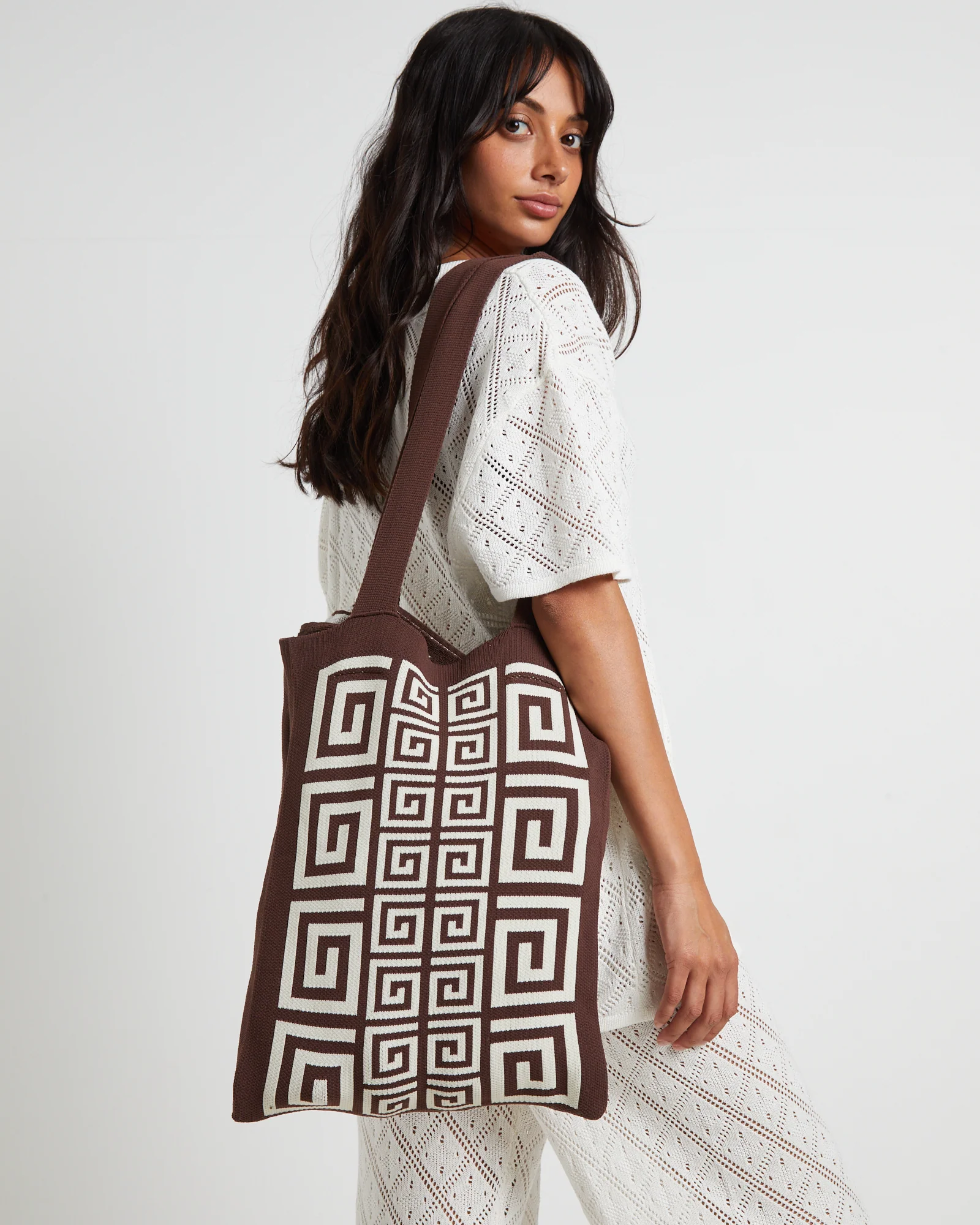 Riviera Border Jacquard Tote Bag in Chocolate Brown