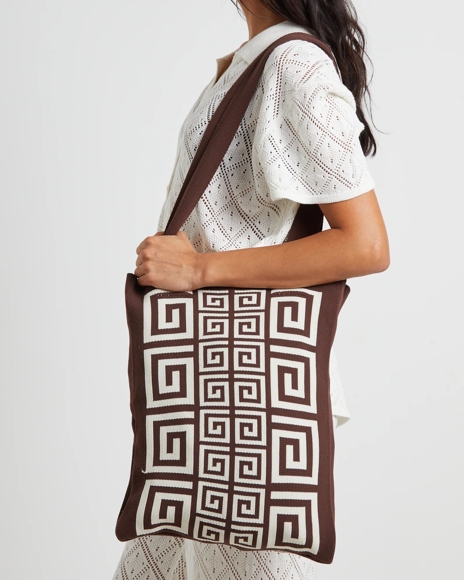 Riviera Border Jacquard Tote Bag in Chocolate Brown - Image 2