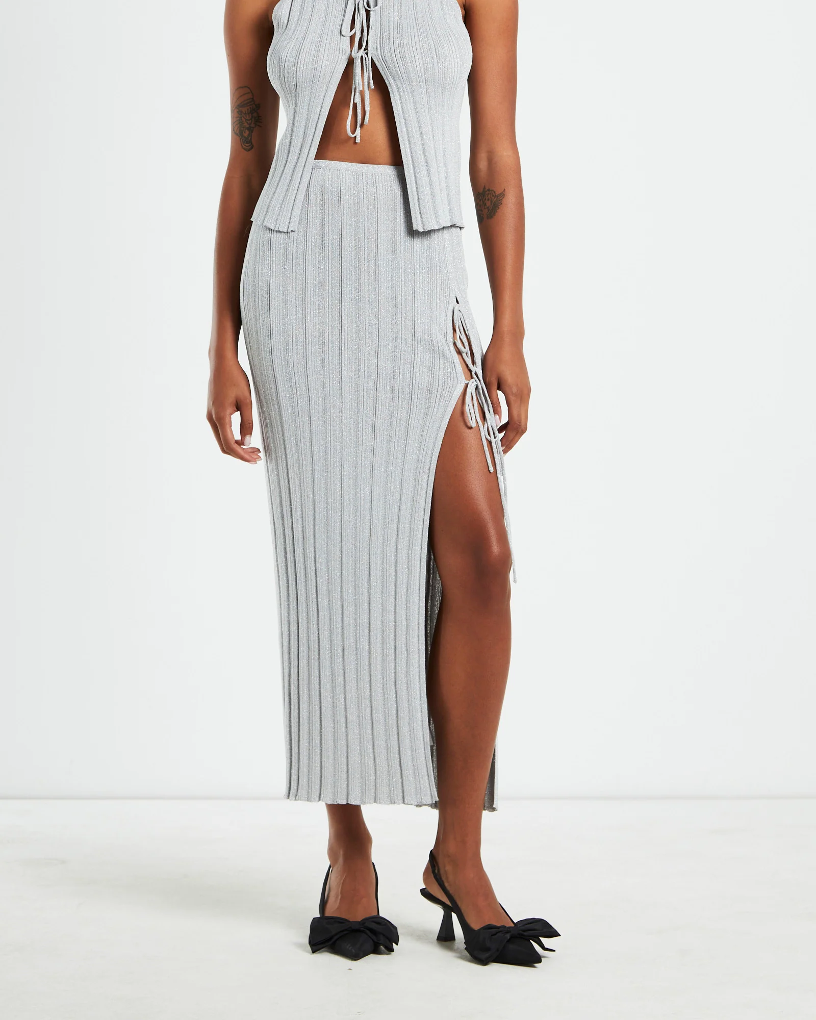 Sadie Tied Up Lurex Knit Midi Skirt