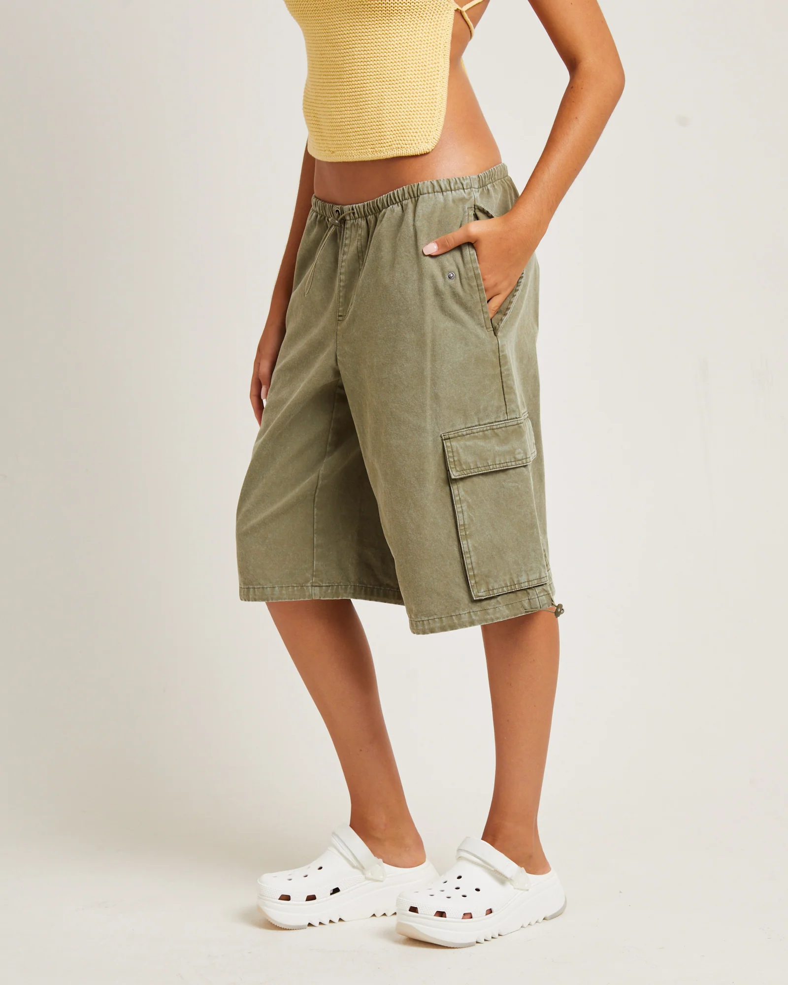 Shallows Cargo Jort Shorts in Khaki - Image 4