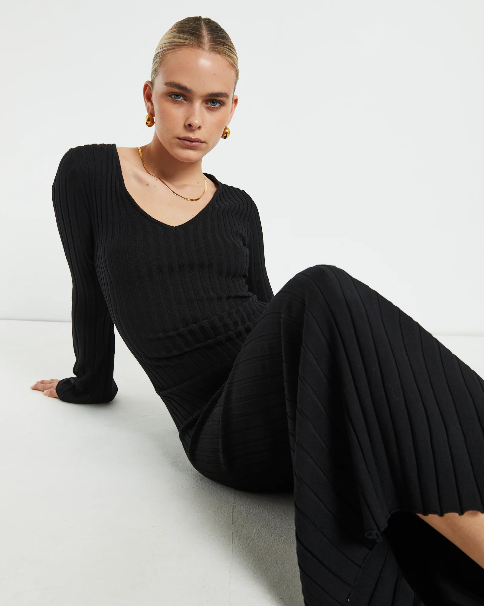Sophie Long Sleeve Rib Knit Dress Black - Image 6