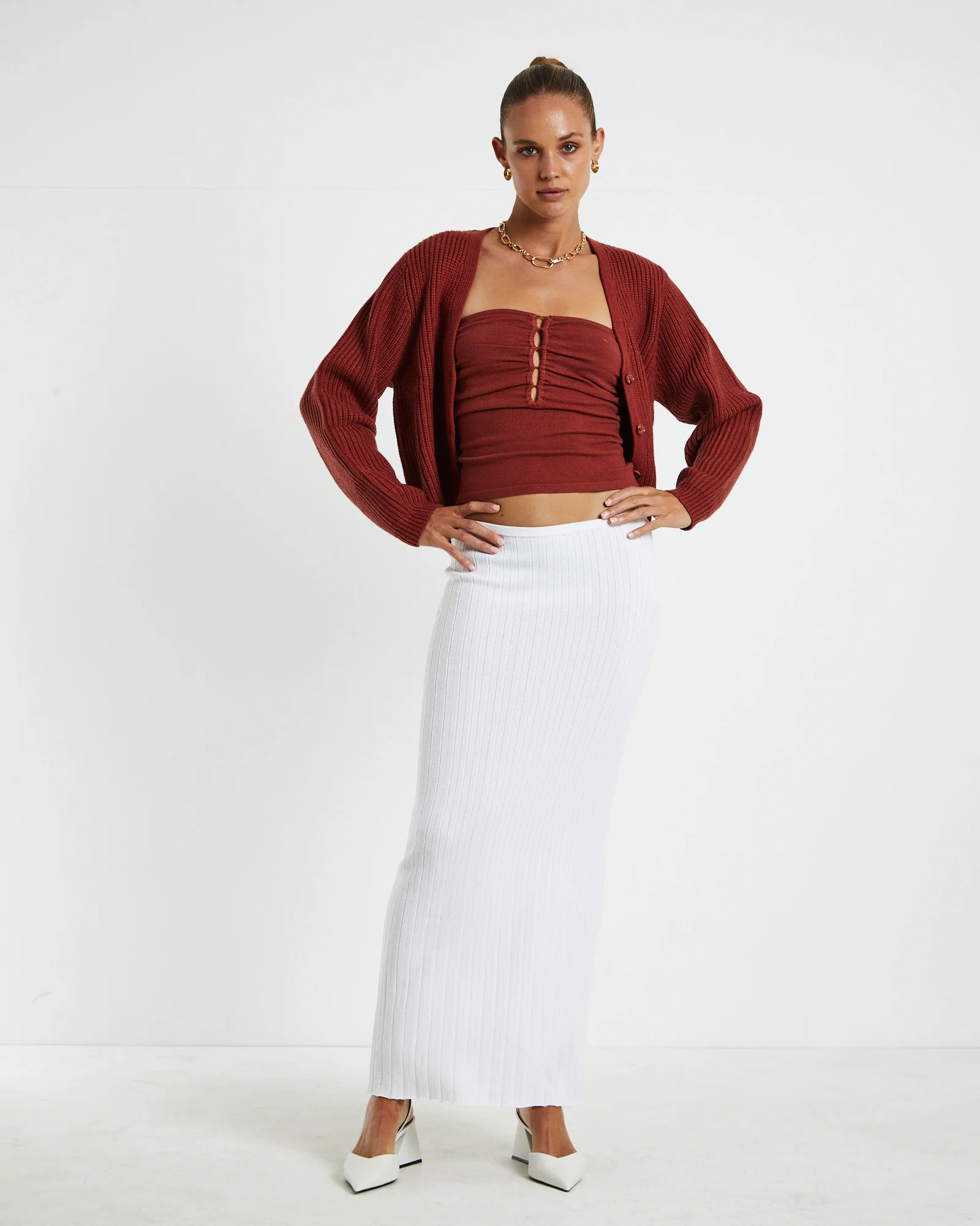 Tayla Texture Knit Midi Skirt Off White - Image 3