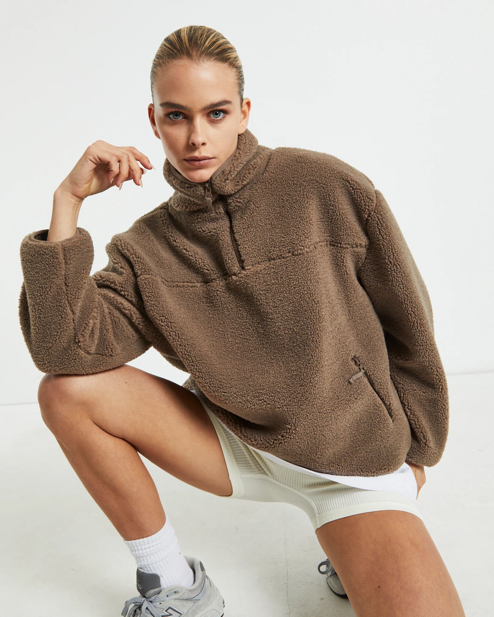 Teddy Quarter Zip Jumper Mocha Brown