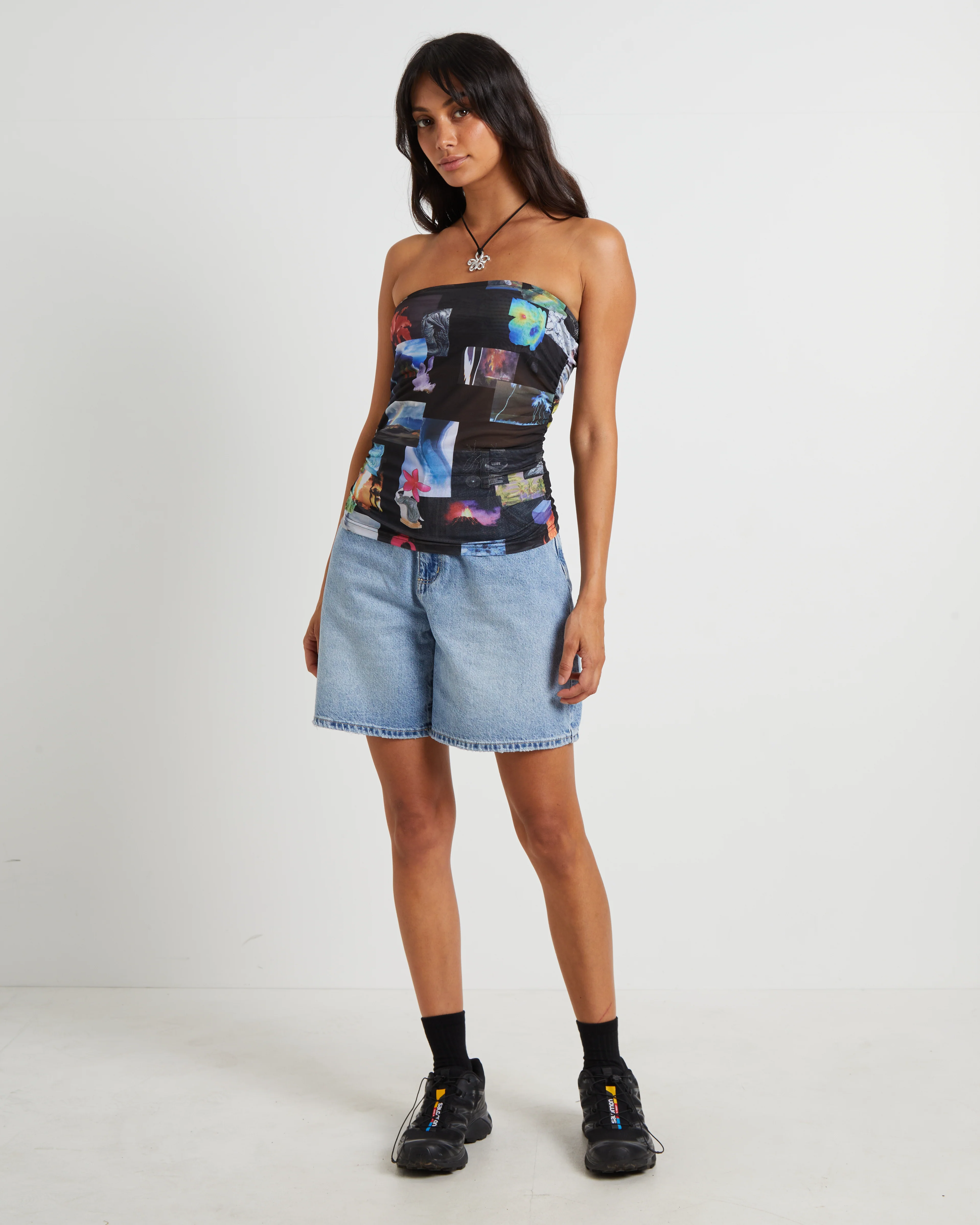 Under Pressure Recycled Sheer Strapless Top in Black - Image 3
