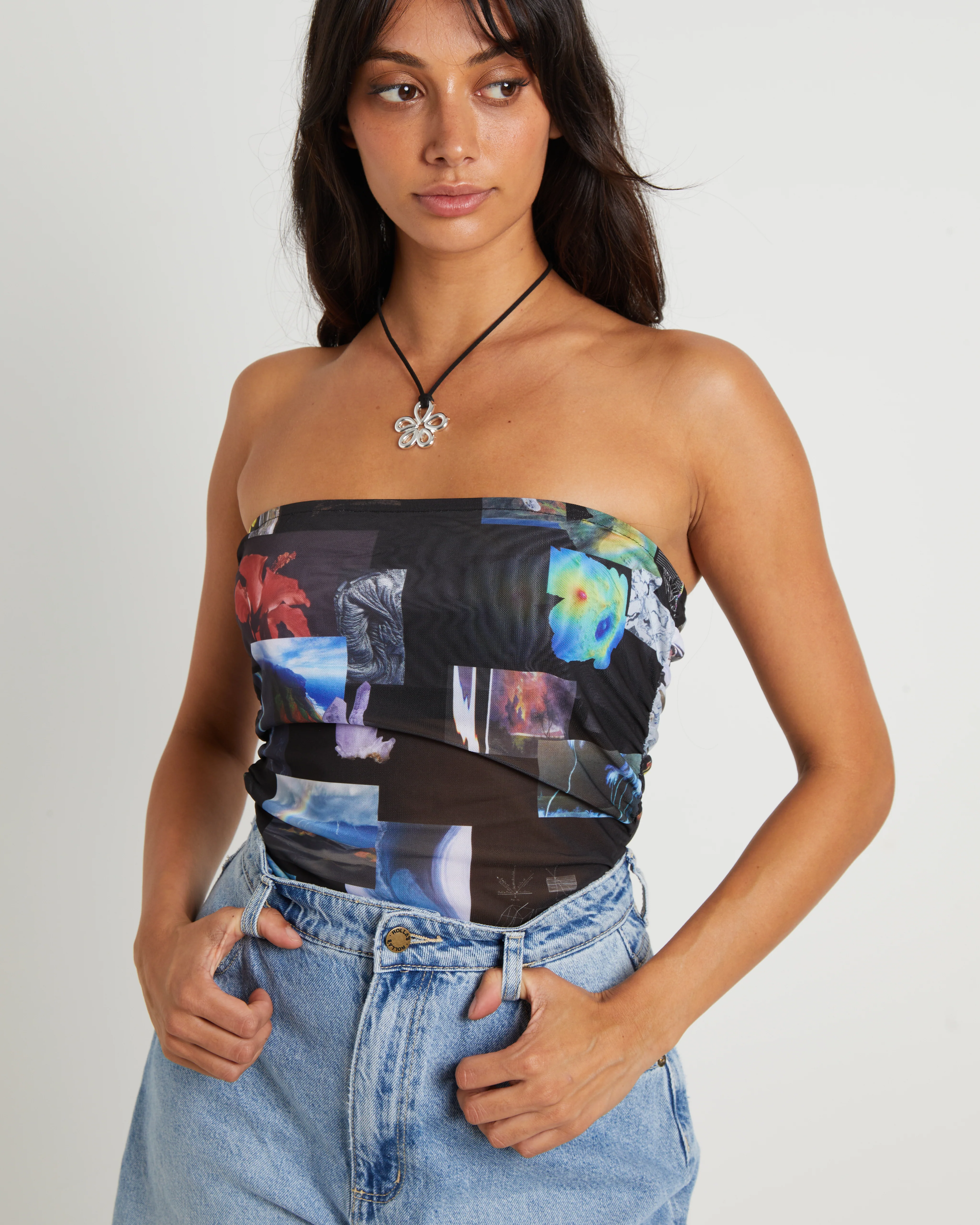 Under Pressure Recycled Sheer Strapless Top in Black - Image 6